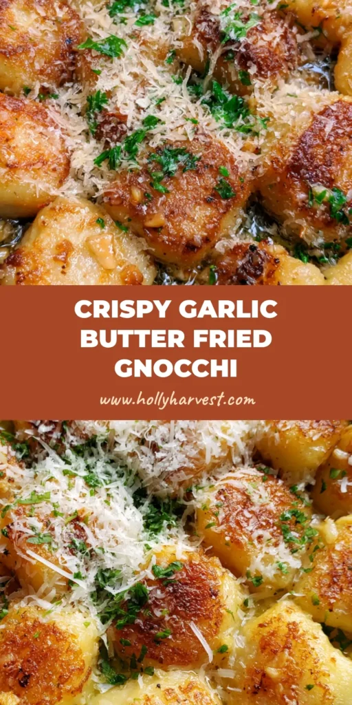 A close-up shot of crispy Fried Gnocchi in a cast iron pan with toasted garlic and fresh parsley.