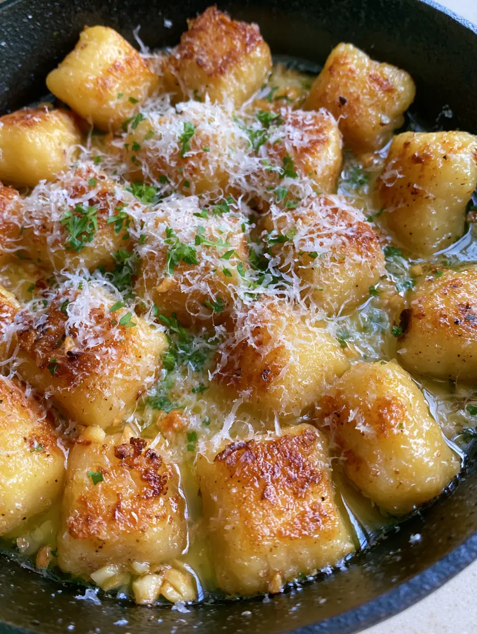 Top-down close-up of golden-brown Fried Gnocchi seared in a rustic cast iron skillet with parmesan flakes.