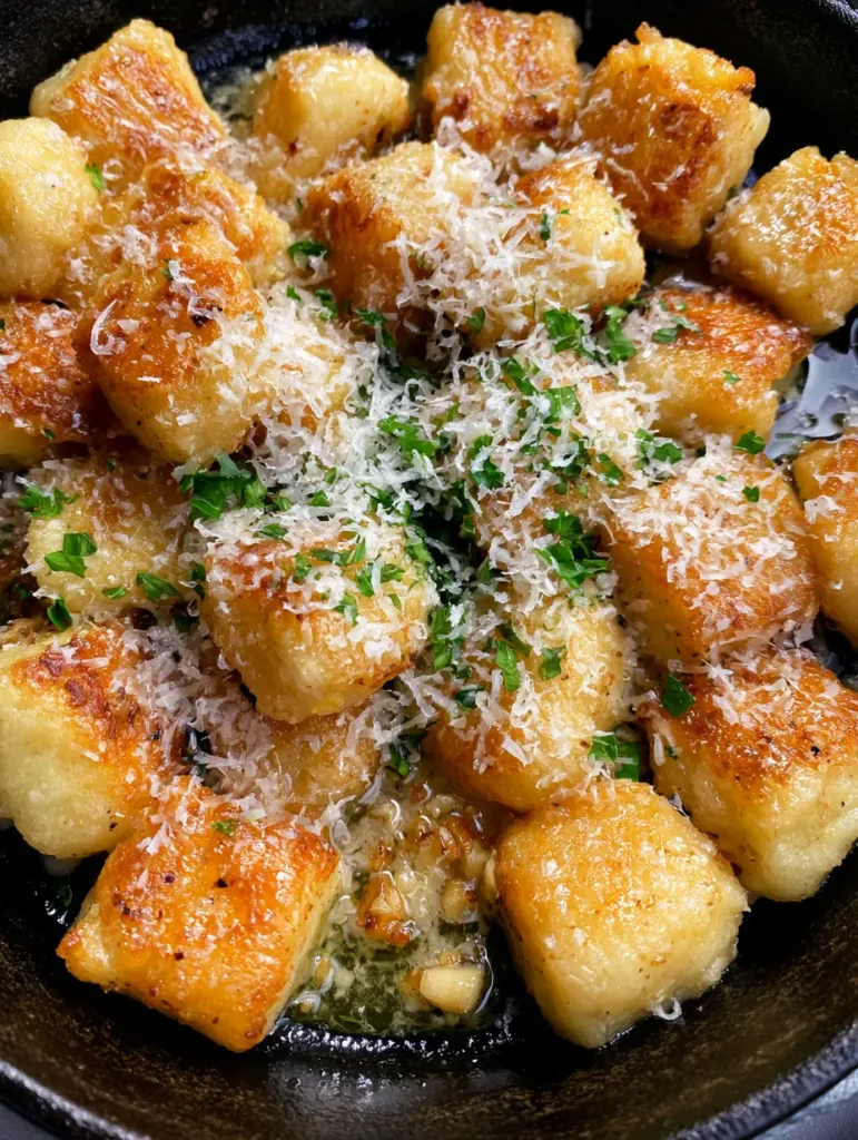Close-up of butter-coated gnocchi with toasted garlic bits and fresh green parsley.