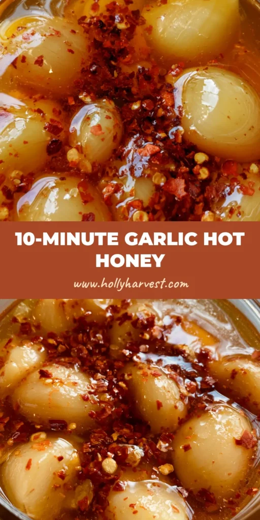 A handheld smartphone photo of a clear glass jar filled with translucent golden honey, submerged whole garlic cloves and red pepper flakes. (Garlic Hot Honey Recipe)