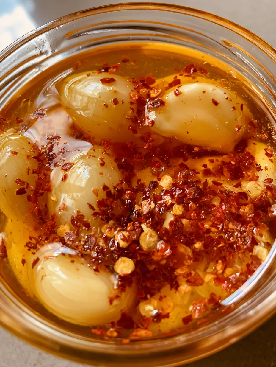 Close up shot of a clear glass jar containing golden honey, whole garlic cloves, and red pepper flakes under natural daylight. (Garlic Hot Honey Recipe)