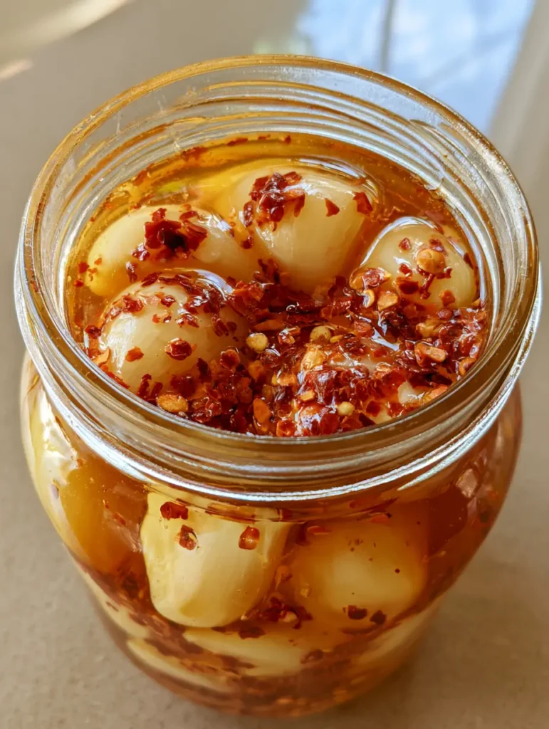 Authentic smartphone photo of homemade garlic hot honey in a jar on a kitchen countertop.