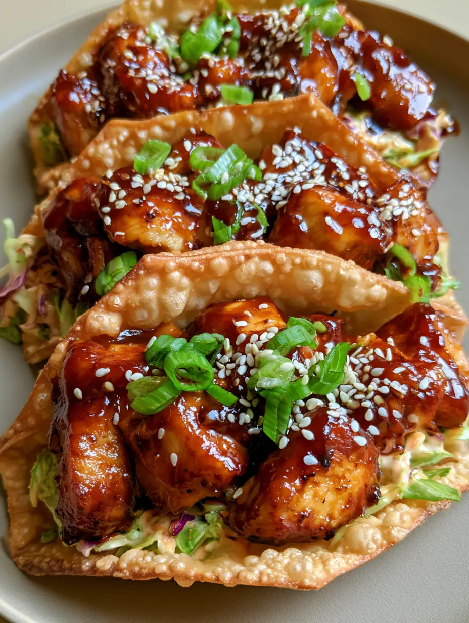 A close-up handheld photo of golden-brown bubbly wonton shells filled with shredded red and green cabbage slaw and glossy teriyaki chicken.