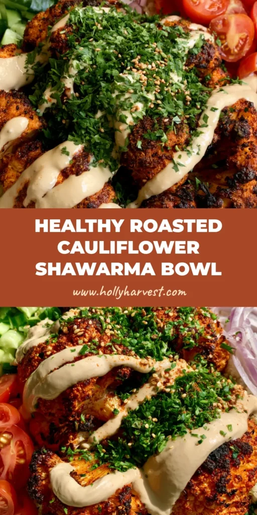 A shallow ceramic bowl containing a base of fluffy white quinoa topped with charred cauliflower shawarma, cucumbers, tomatoes, and a tahini drizzle.