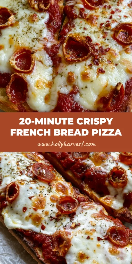 A close-up shot of two crispy French Bread Pizza halves with bubbling mozzarella, charred crust, and curled pepperoni on parchment paper.