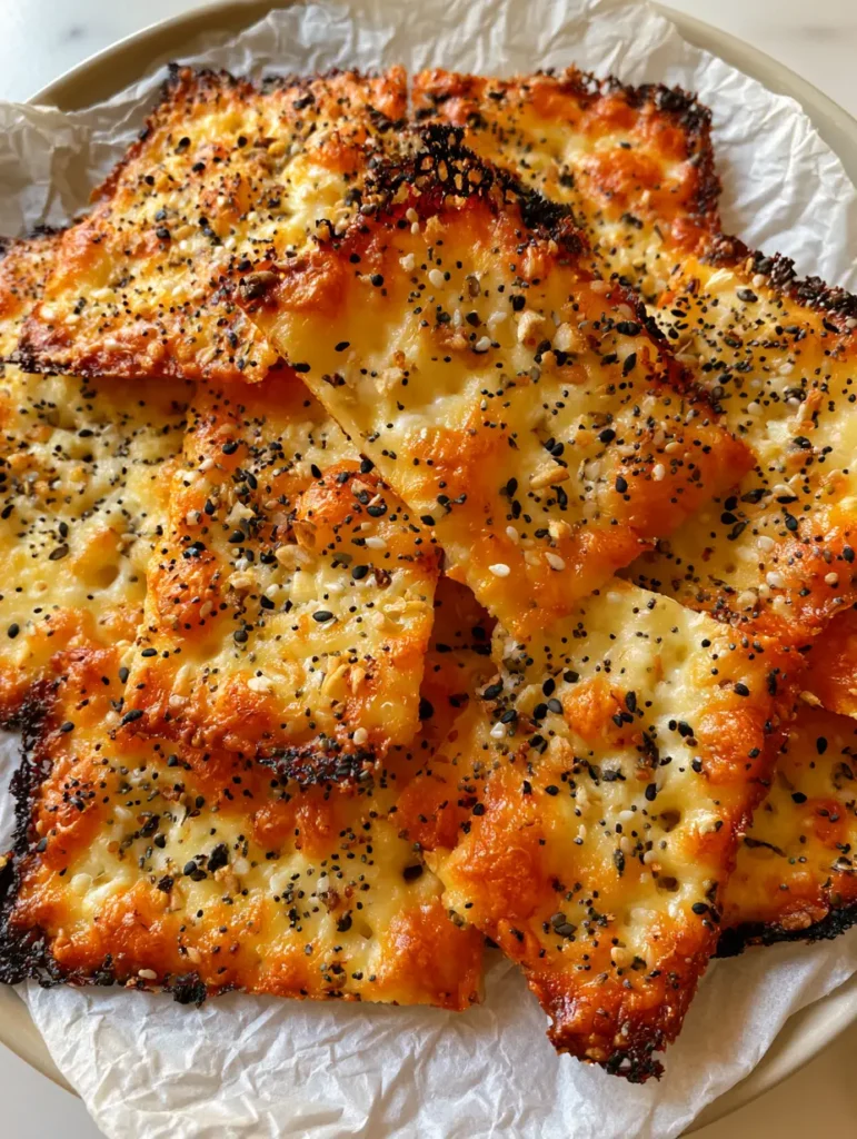 Thin golden-brown Cottage Cheese Crackers with charred lacy edges and visible air pockets, displayed on a wooden table. (Cottage Cheese Crackers)
