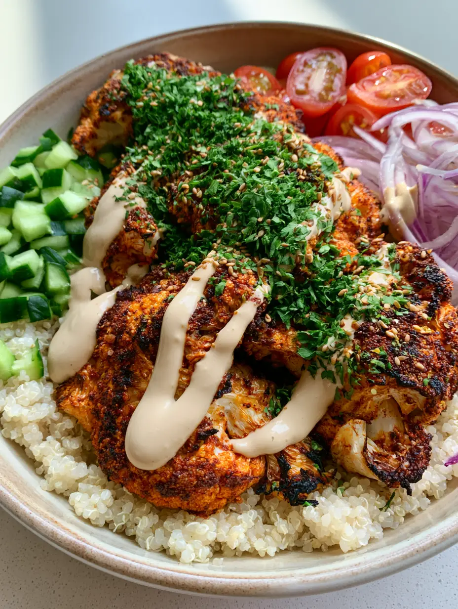 A handheld smartphone photo showing a close-up of a Cauliflower Shawarma Bowl with charred cauliflower and fresh herbs.