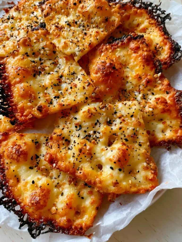 Close-up of the textured peaks and greasy sheen of baked Cottage Cheese Crackers covered in poppy seeds and garlic flakes.