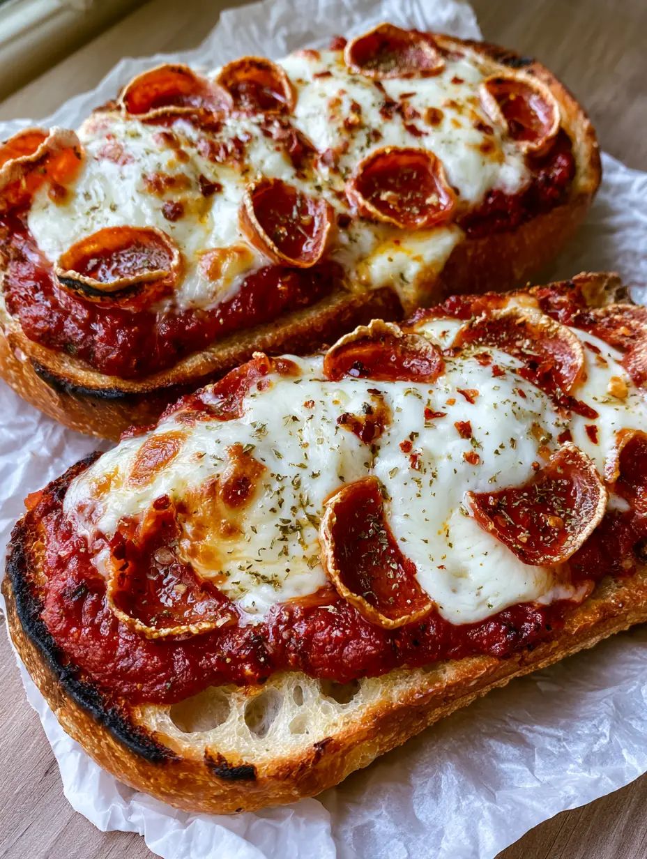 Two halves of a toasted French baguette topped with rich marinara, bubbling mozzarella cheese, and crispy pepperoni rounds. (French Bread Pizza)
