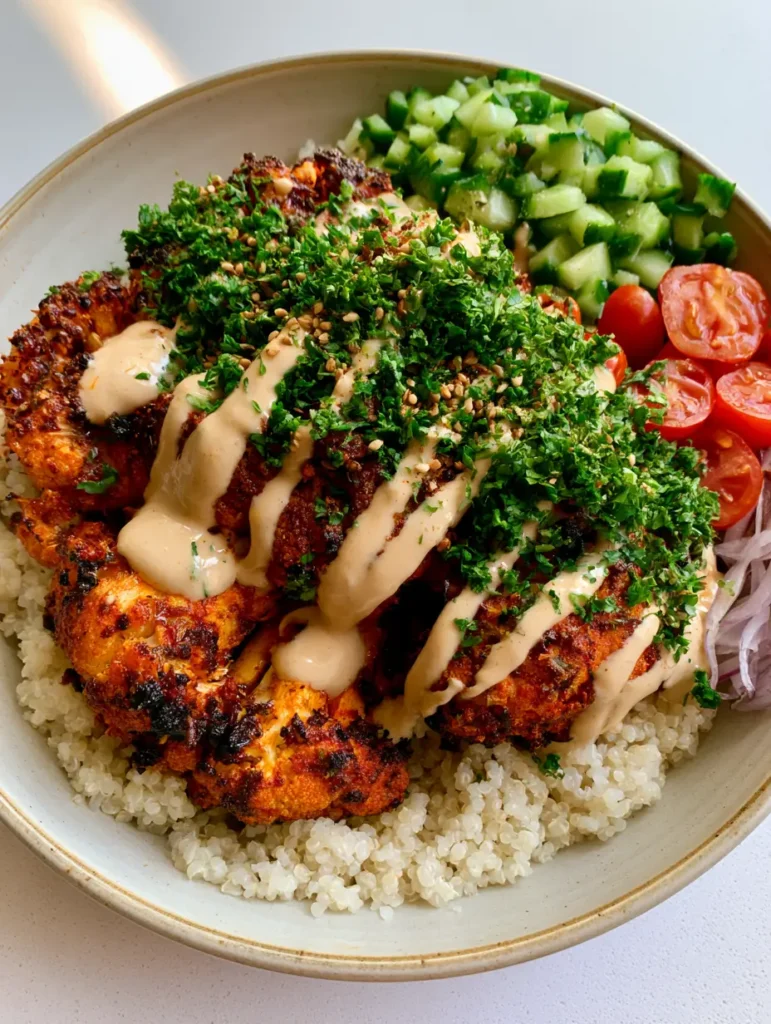 Top-down view of the Cauliflower Shawarma Bowl emphasizing the neat piles of cucumbers, tomatoes, and red onions.