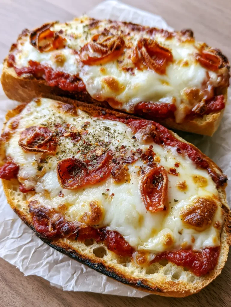 Close up view of pepperoni with crispy curled edges on a French Bread Pizza with a dusting of oregano.