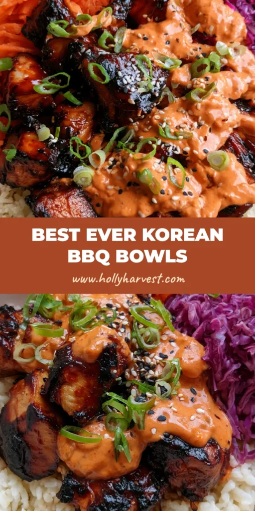 A top-down view of Korean BBQ Chicken Bowls featuring charred chicken, shredded carrots, purple cabbage, and a creamy orange drizzle. (Korean BBQ Chicken Bowls)