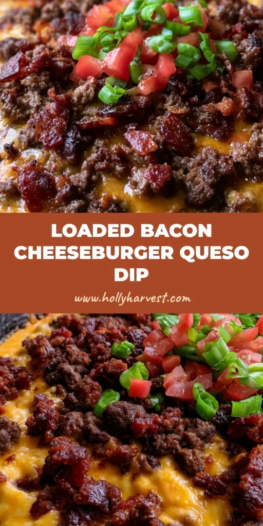 A steaming black cast iron skillet filled with thick orange Bacon Cheeseburger Queso Dip topped with crispy bacon and fresh tomatoes.