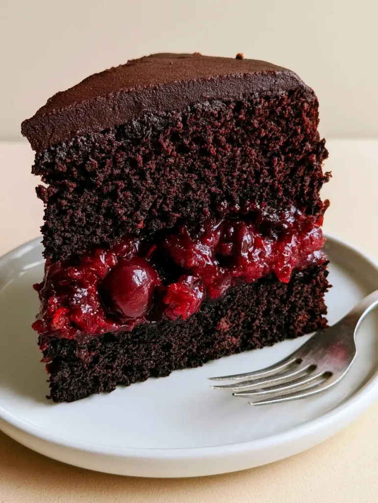 Smart-phone style photo of a Chocolate Cherry Cake slice on a neutral beige background with a silver fork.