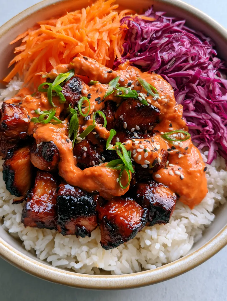 A ceramic bowl filled with fluffy white rice, dark glazed chicken, and vibrant shredded vegetables. (Korean BBQ Chicken Bowls)
