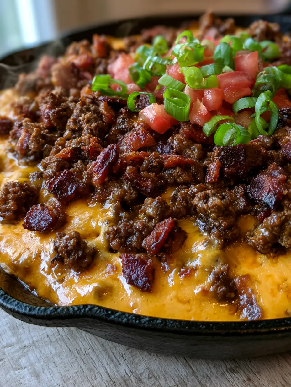 Close up photo of Bacon Cheeseburger Queso Dip showing molten orange cheese and browned beef crumbles.