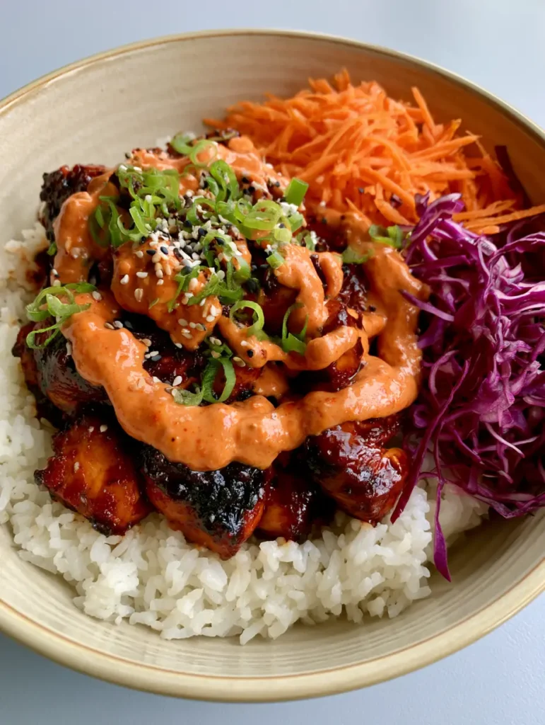Close-up of shredded red cabbage and carrots next to caramelized chicken chunks with sesame seeds.