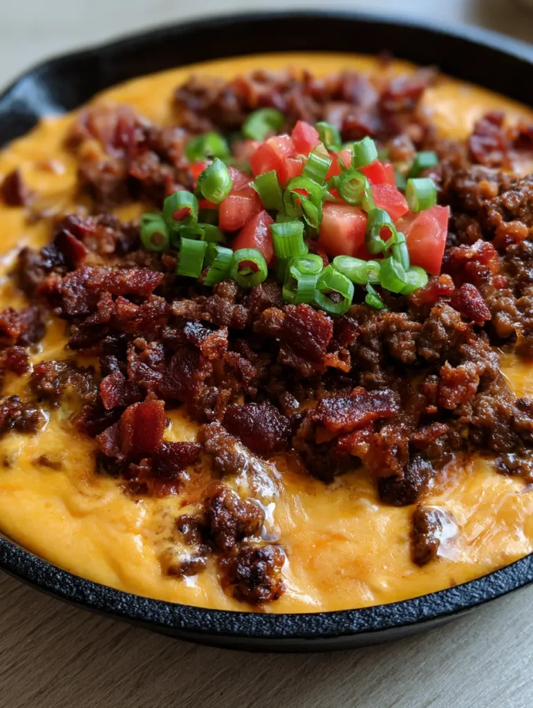 Bacon Cheeseburger Queso Dip garnished with bright green scallions and diced red tomatoes in a skillet.