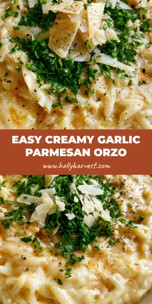 Creamy Garlic Parmesan Orzo: The Ultimate 20-Minute Gourmet Side Dish 4 A close-up shot of Creamy Garlic Parmesan Orzo in a white bowl garnished with parsley and shaved parmesan cheese.