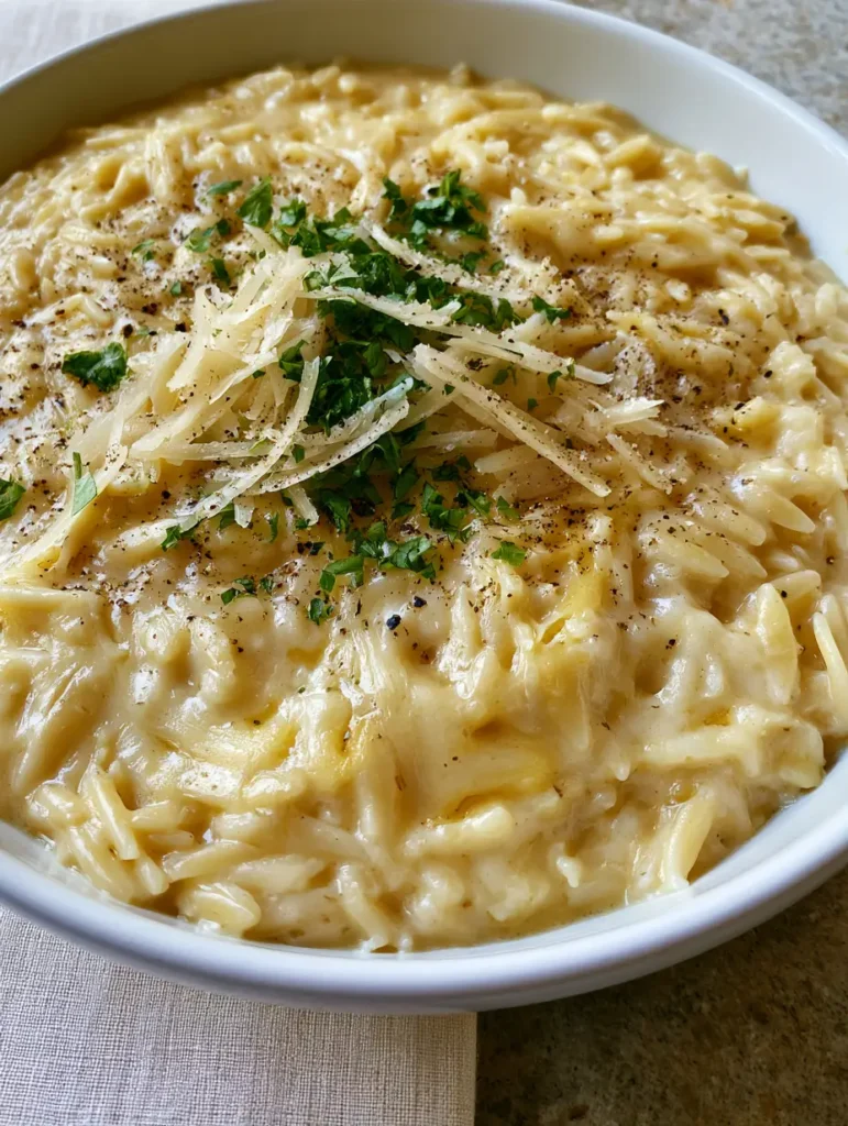 Creamy Garlic Parmesan Orzo: The Ultimate 20-Minute Gourmet Side Dish 2 High-angle close-up of Creamy Garlic Parmesan Orzo showing a thick, glossy, pale-golden cream sauce and tender pasta grains.