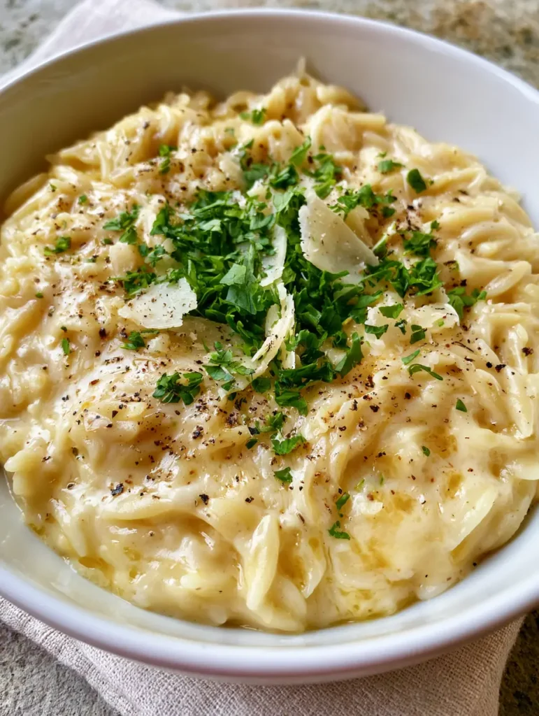 Creamy Garlic Parmesan Orzo: The Ultimate 20-Minute Gourmet Side Dish 1 Creamy Garlic Parmesan Orzo topped with fresh green parsley, thin shavings of parmesan, and cracked black pepper in a ceramic bowl.