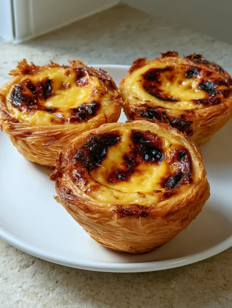 Close up of spiraled puff pastry and pale yellow custard with dark brown blisters. (Pastel de Nata Recipe)