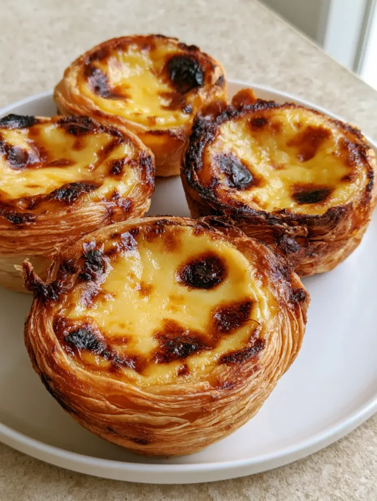 Pastel de Nata Recipe: How to Make Authentic Portuguese Custard Tarts with Iconic Charred Blisters 1 Three Portuguese egg tarts on a ceramic plate in natural daylight. (Pastel de Nata Recipe)