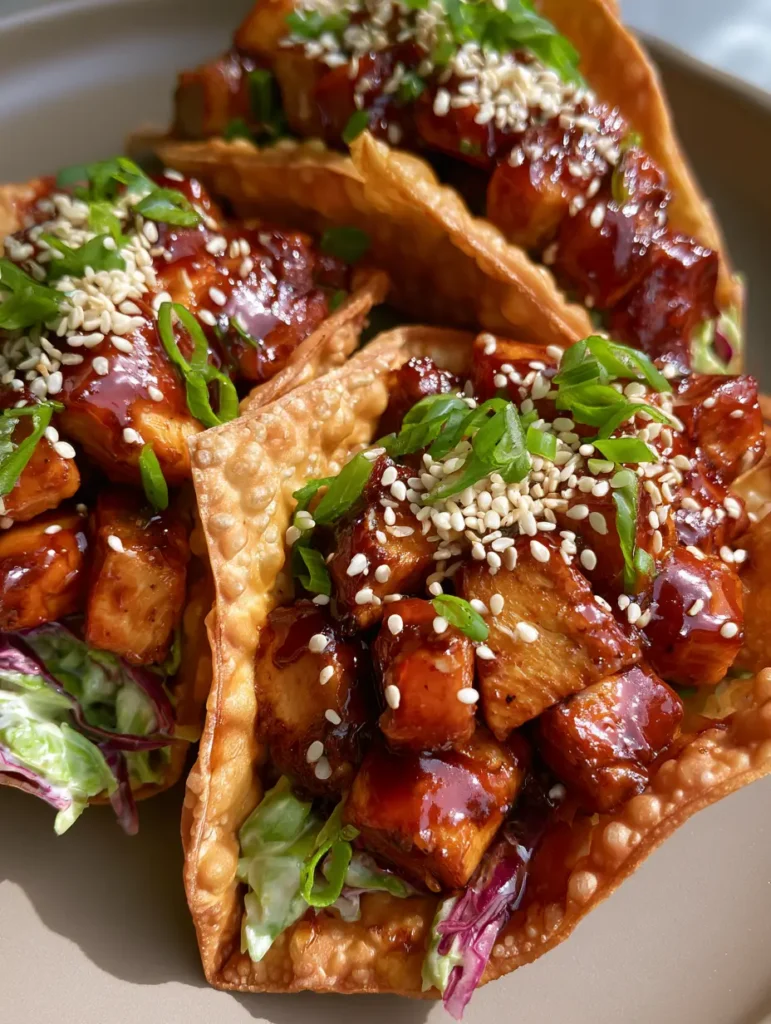 Teriyaki Chicken Wonton Tacos arranged on a plate with natural daylight highlighting the thick, dark brown glossy glaze on the chicken chunks.