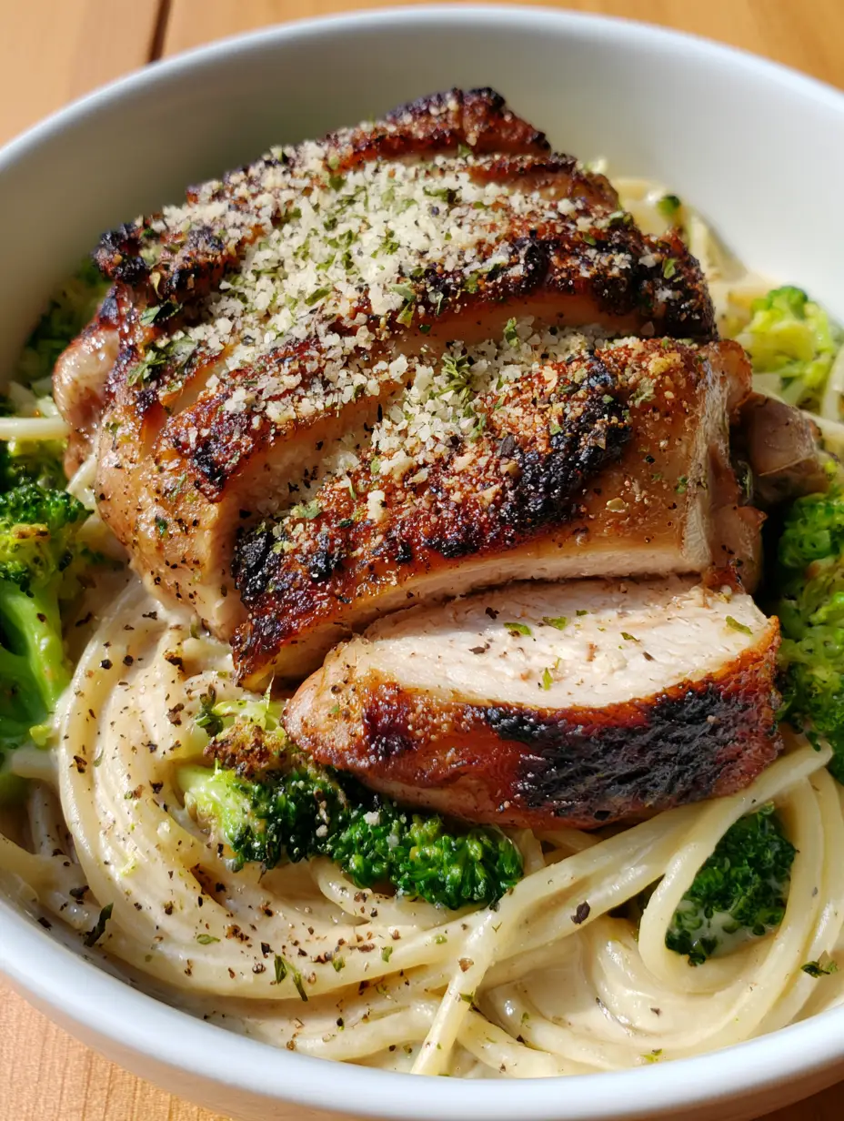 Close-up of thick slices of oven-baked chicken thighs with charred skin over al dente spaghetti and broccoli.