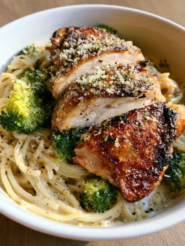 Wide shot of the broccoli chicken spaghetti on a neutral wooden tabletop background.