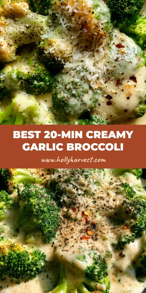 A handheld smartphone photo of Creamy Garlic Parmesan Broccoli served in a dark ceramic bowl with a thick ivory sauce and red pepper flakes.