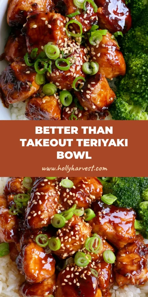 Teriyaki Chicken Bowl with Glossy Amber Glaze and Steamed Broccoli 4 A Teriyaki Chicken Bowl with seared chicken chunks, glossy amber sauce, jasmine rice, and steamed broccoli in a white bowl.