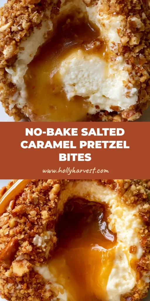 Salted Caramel Pretzel Cheesecake Bites: The Ultimate Sweet and Salty Recipe 4 A close-up of Salted Caramel Pretzel Cheesecake Bites on a white plate, showing the liquid caramel core oozing out.
