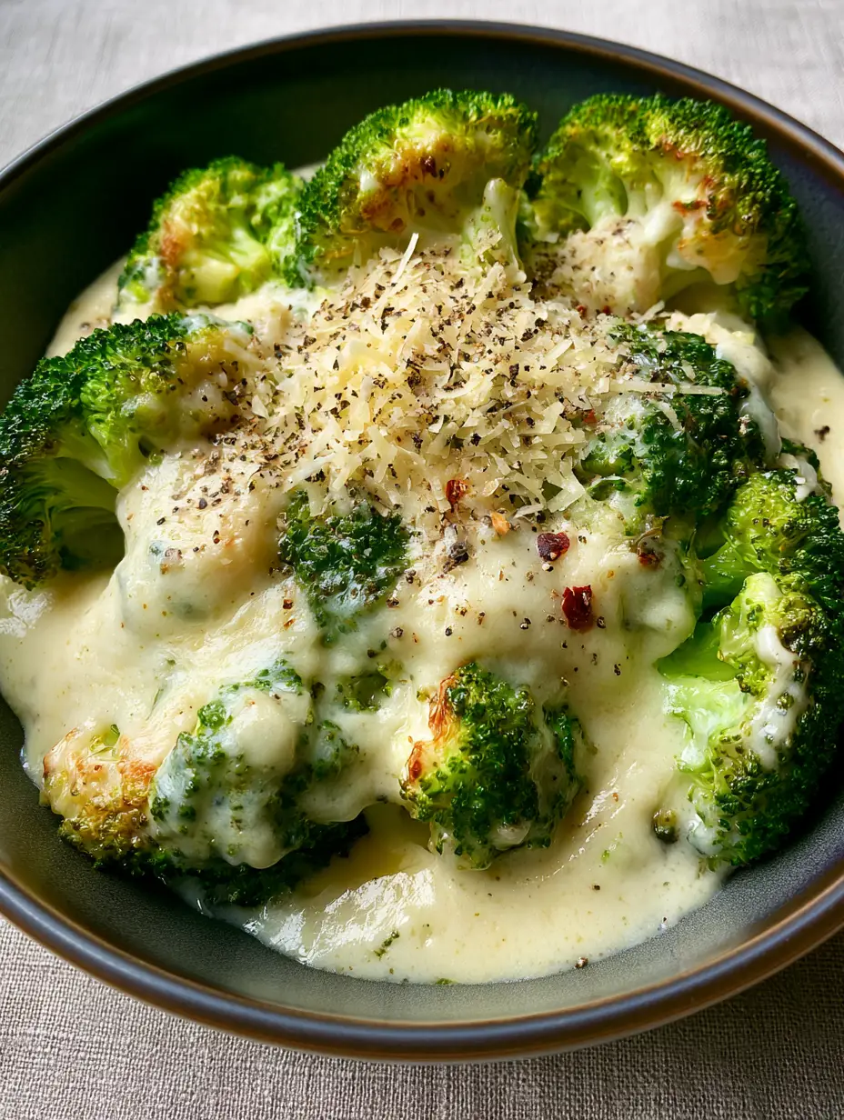 Close-up of vibrant green Creamy Garlic Parmesan Broccoli florets with lightly charred edges and a glossy ivory garlic cream sauce.