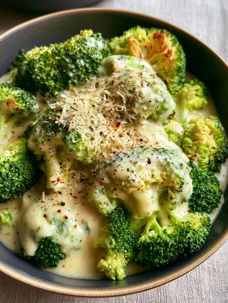 Creamy Garlic Parmesan Broccoli in a shallow dark ceramic bowl sitting on a light grey linen surface with soft natural lighting.