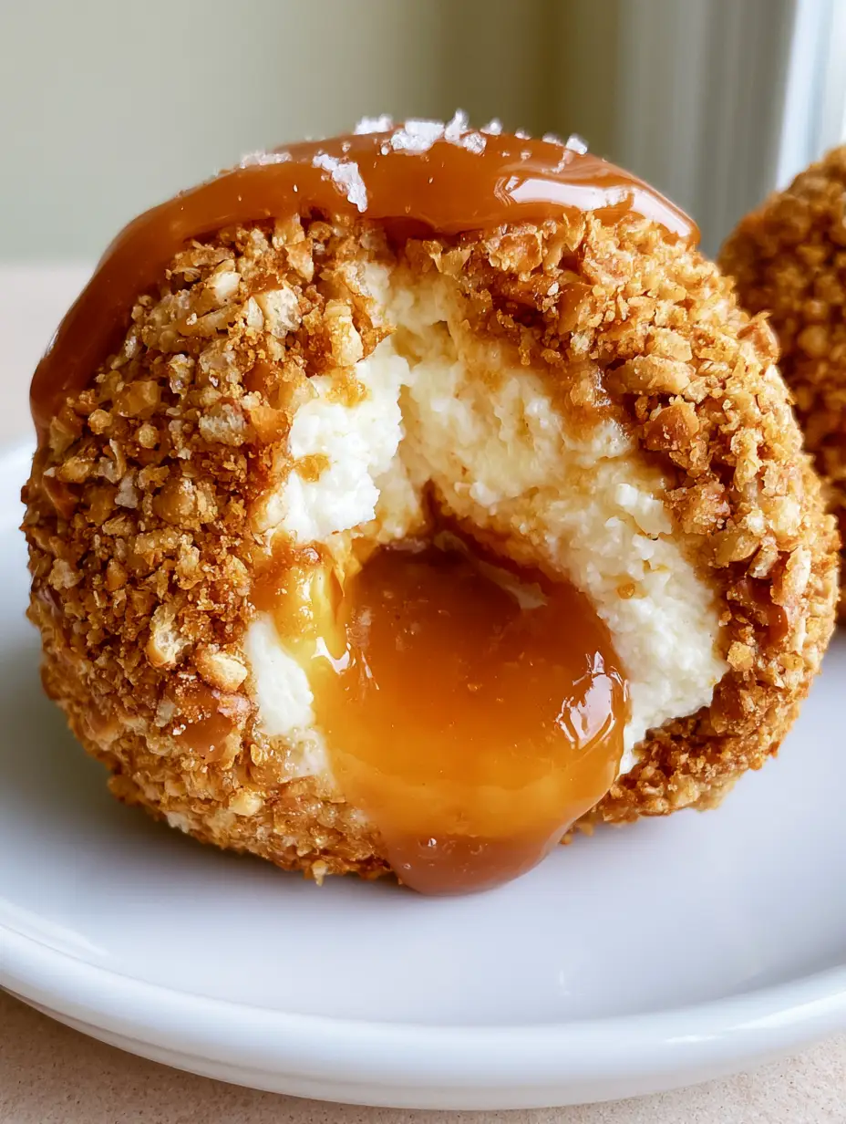 Salted Caramel Pretzel Cheesecake Bites: The Ultimate Sweet and Salty Recipe 3 Handheld photo of a round Salted Caramel Pretzel Cheesecake Bite split in half to reveal the creamy center and oozing caramel.