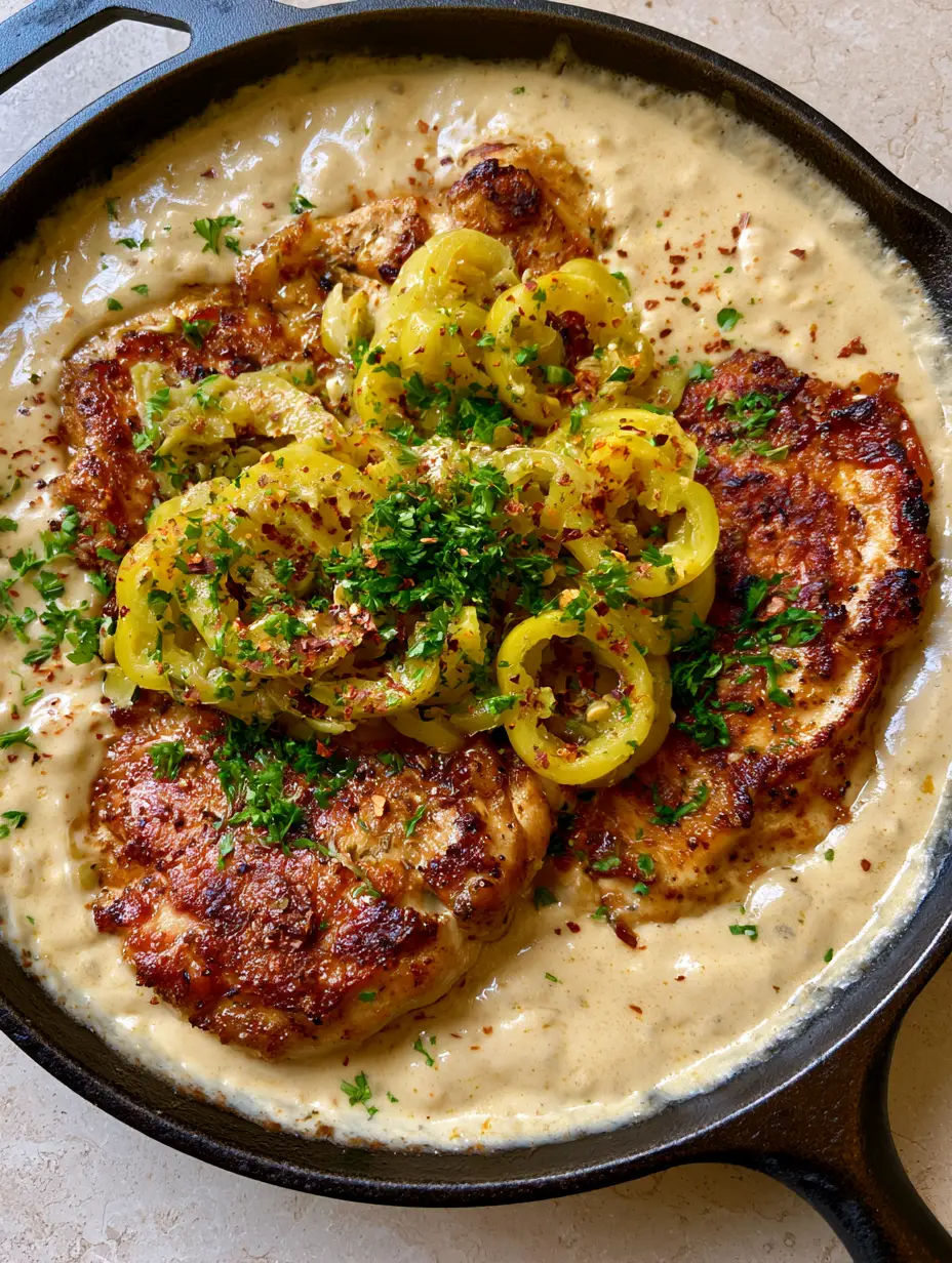 Close-up of seared chicken breasts with charred edges nestled in a thick ivory cream sauce with yellow-green pepperoncinis. (Pepperoncini Chicken Recipe)