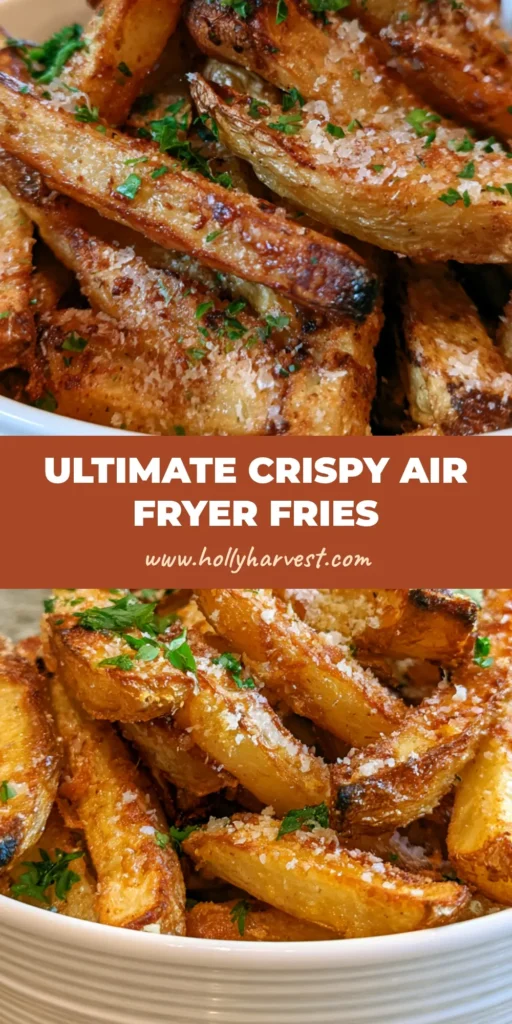 Air Fryer Fries with Parmesan and Fresh Parsley 4 A towering pile of golden-brown Air Fryer Fries topped with parmesan cheese and fresh parsley in a white ridged bowl.