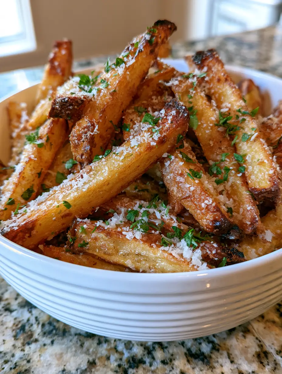 Air Fryer Fries with Parmesan and Fresh Parsley 3 Overhead smartphone photo of Air Fryer Fries with charred tips and blistered surfaces in a white textured bowl. (Air Fryer Fries)