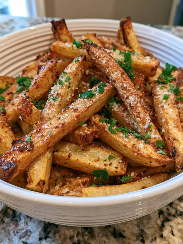 Air Fryer Fries with Parmesan and Fresh Parsley 1 Close-up of potato fries generously dusted with parmesan cheese and fresh parsley on a granite countertop.