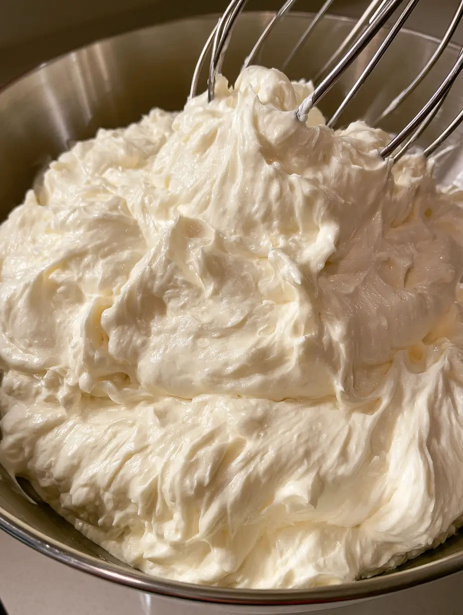 Close-up of glossy ivory Swiss Meringue Buttercream Recipe in a stainless steel bowl with stable peaks.
