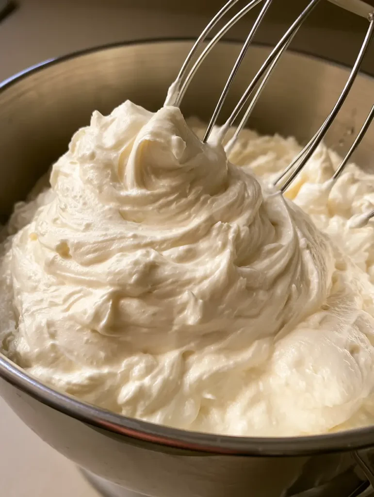 Top-down view of velvety Swiss Meringue Buttercream Recipe showing its voluminous and airy texture.