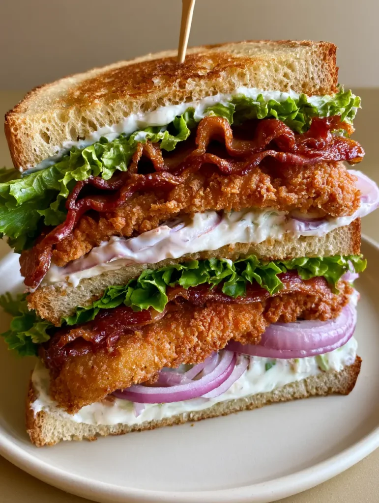 Close-up high-angle shot of a Chicken Club Sandwich featuring golden-fried chicken tenders and ruffled green lettuce.
