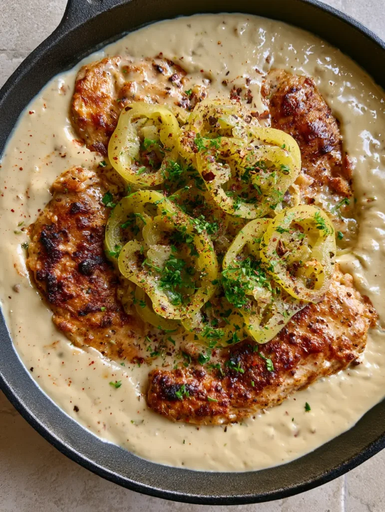 A smartphone-style photo of Pepperoncini Chicken in a cast iron pan on a light stone countertop with parsley garnish.