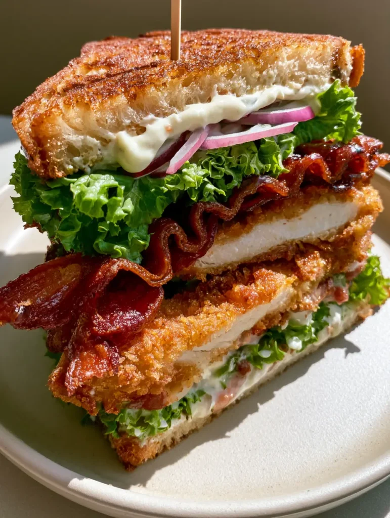 Chicken Club Sandwich sliced diagonally on a white ceramic plate showing the thick layers of mayo and chicken.