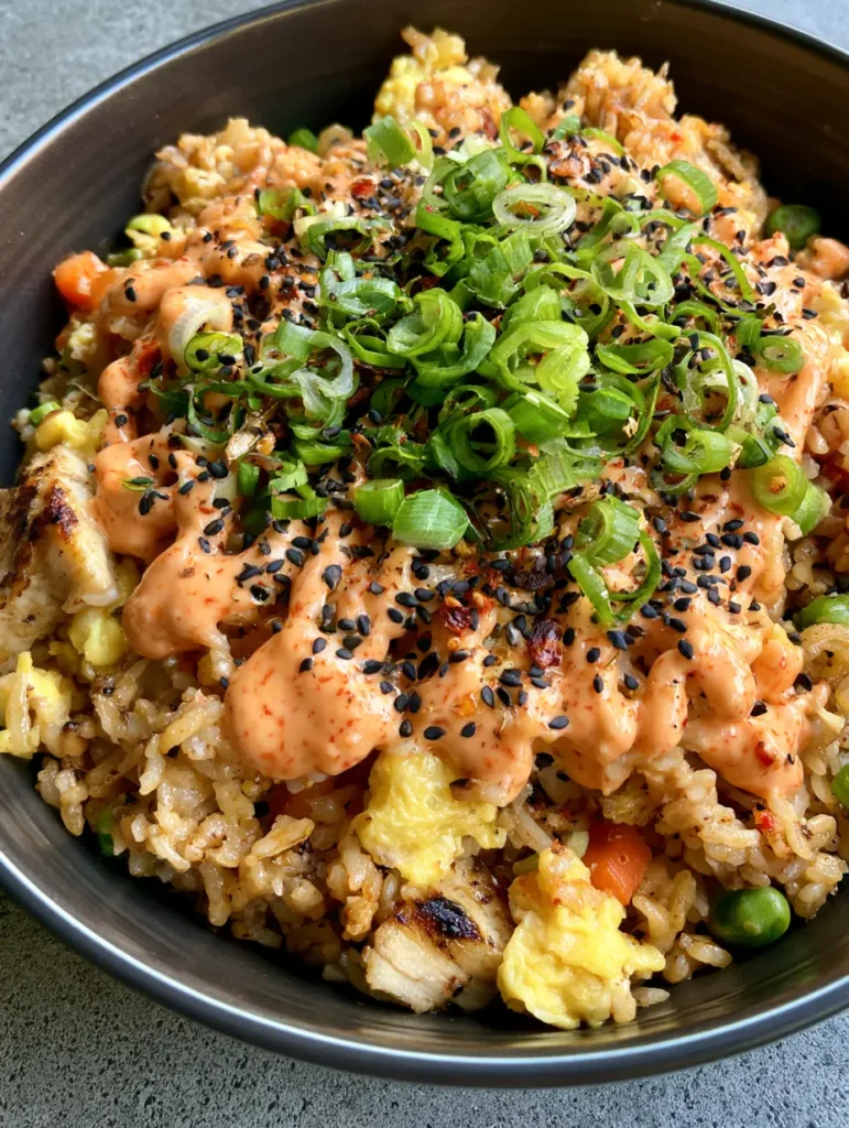 Bang Bang Fried Rice: The Ultimate Creamy and Spicy Chicken Stir-Fry 2 Smartphone photo of Bang Bang Fried Rice in a dark bowl on a grey stone background with a zigzag of orange-pink sauce.
