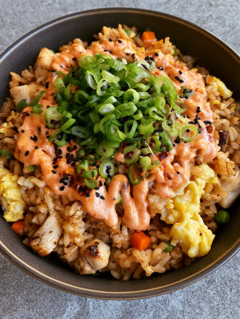 Bang Bang Fried Rice: The Ultimate Creamy and Spicy Chicken Stir-Fry 1 Close-up of seared chicken and egg curds in Bang Bang Fried Rice garnished with scallions and dual-colored sesame seeds.