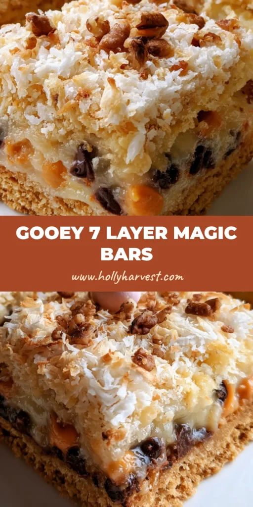A top-down view of sliced 7 Layer Bars on a white plate showing distinct layers of graham crust, chocolate, butterscotch, and toasted coconut topped with pastel Easter eggs. (7 Layer Bars)