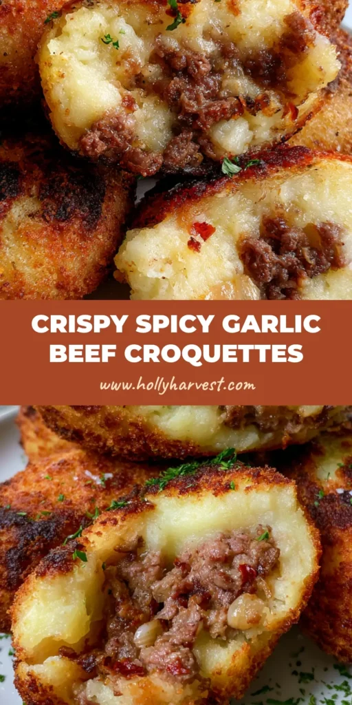 A stack of golden-brown Spicy Garlic Beef Croquettes with a visible crunchy panko crust, garnished with parsley and sea salt on a white plate.