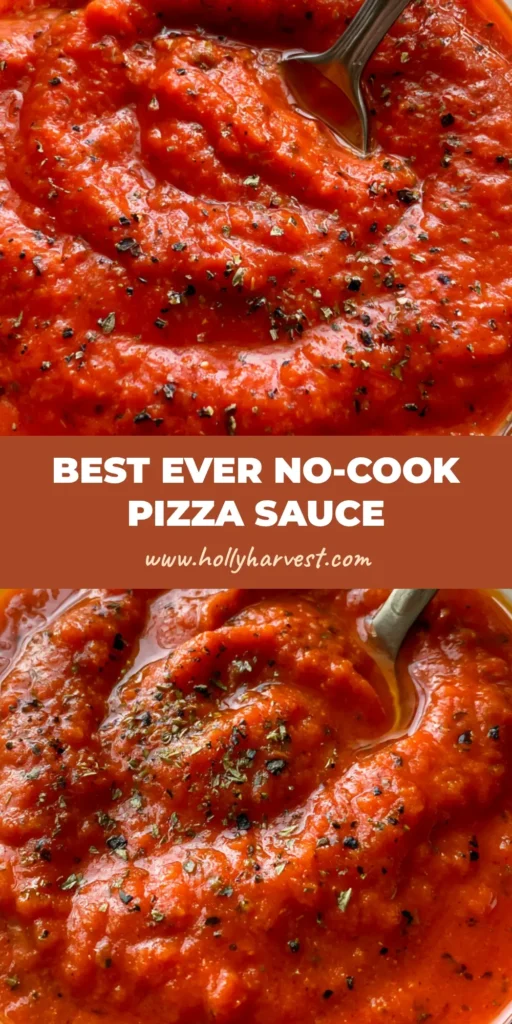 Homemade Pizza Sauce: The Ultimate Smooth and Hearty Recipe 4 A top-down view of thick, vibrant red Homemade Pizza Sauce in a glass bowl with a silver spoon, showcasing dried oregano flakes and an olive oil sheen.